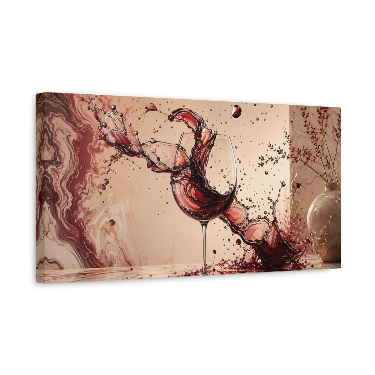 Side Mockup 3. Abstract Wine Splash Red Wine Splash shown as stretched canvas wall art