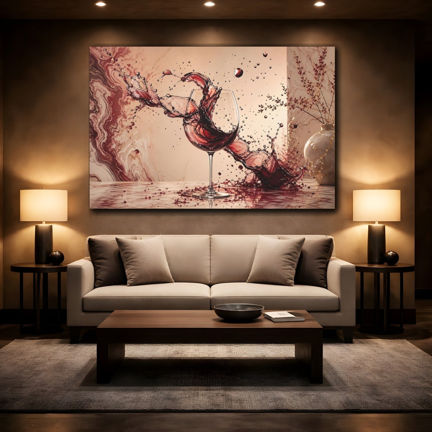 Mockup 2. Abstract Wine Splash Red Wine Art shown as stretched canvas wall art