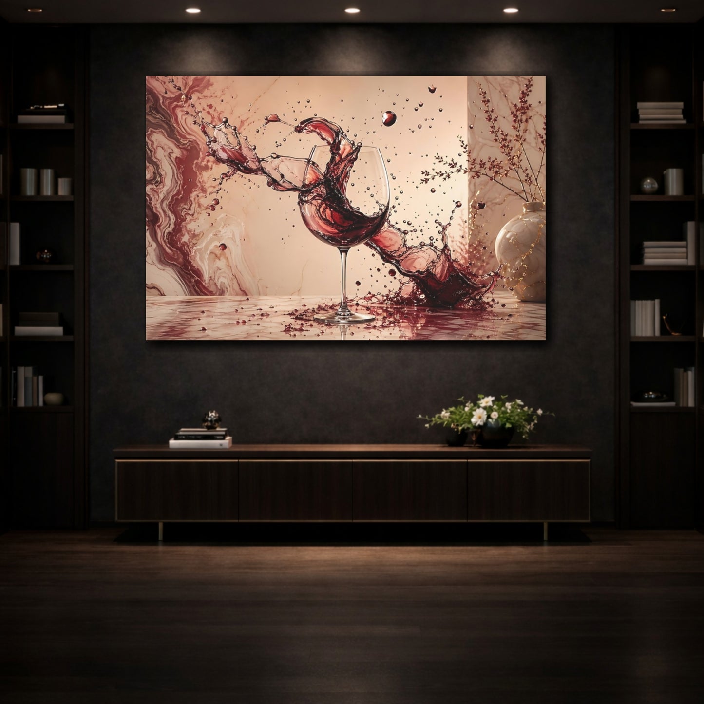 Mockup 3. Abstract Wine Splash Red Wine Art shown as stretched canvas wall art