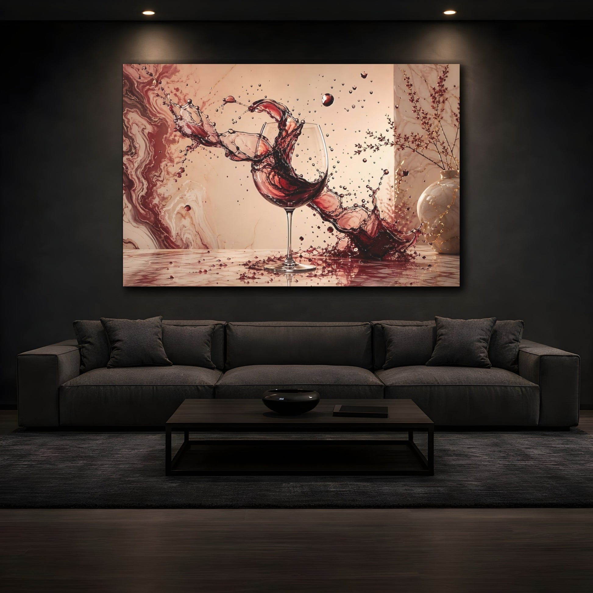 Mockup 4. Abstract Wine Splash Red Wine Art shown as stretched canvas wall art