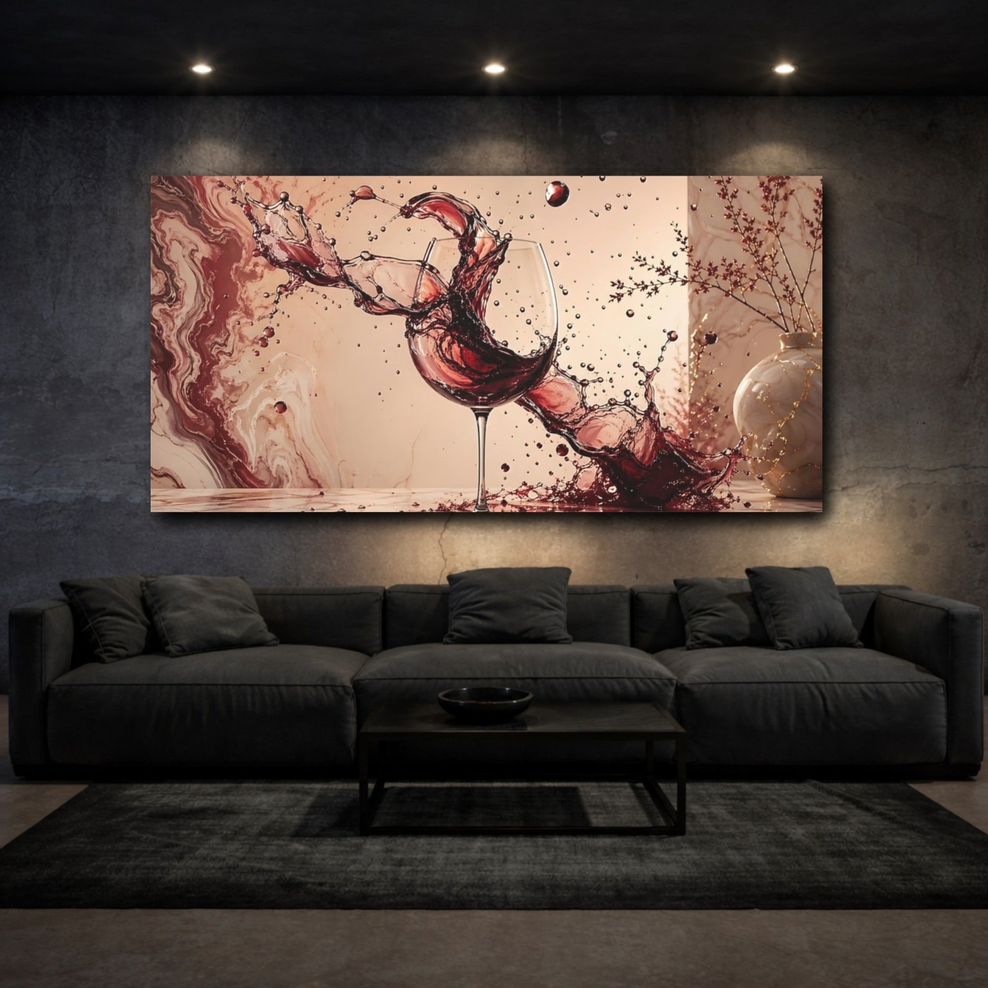 Mockup 2. Abstract Wine Splash Red Wine Splash shown as stretched canvas wall art