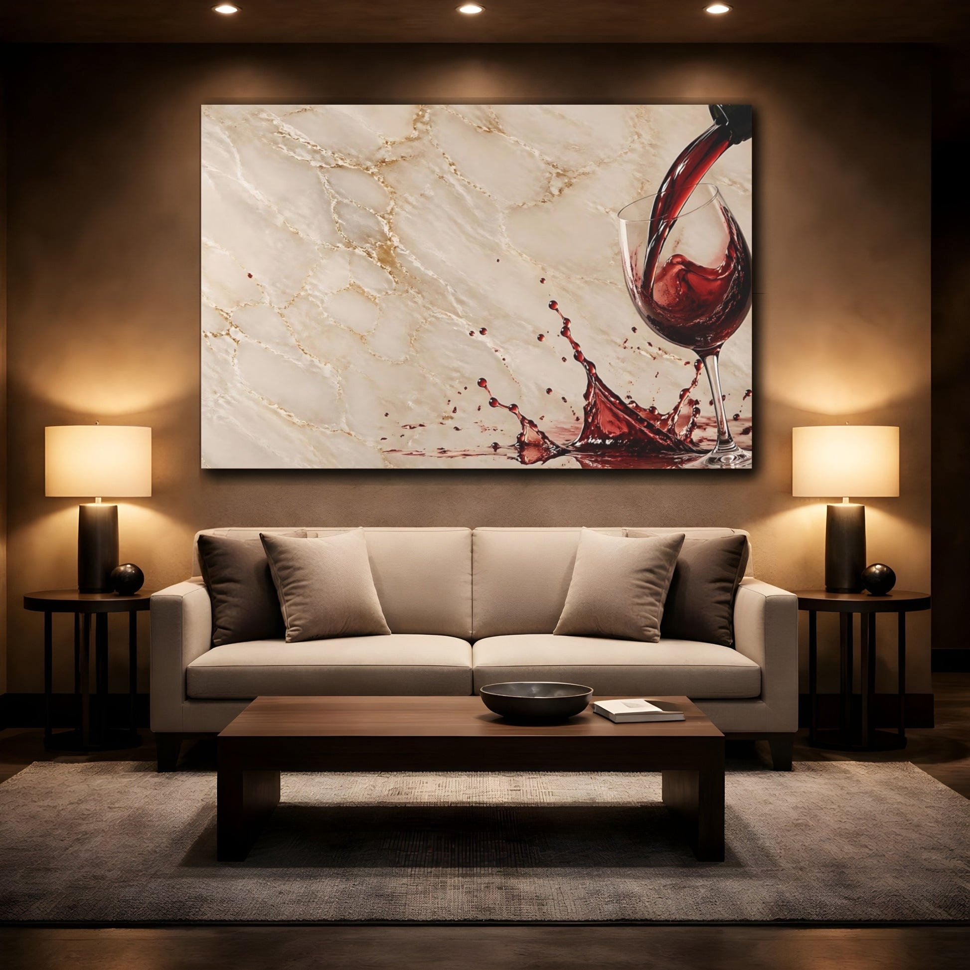 Mockup 2. Abstract Wine Splash Red Wine Splash shown as stretched canvas wall art