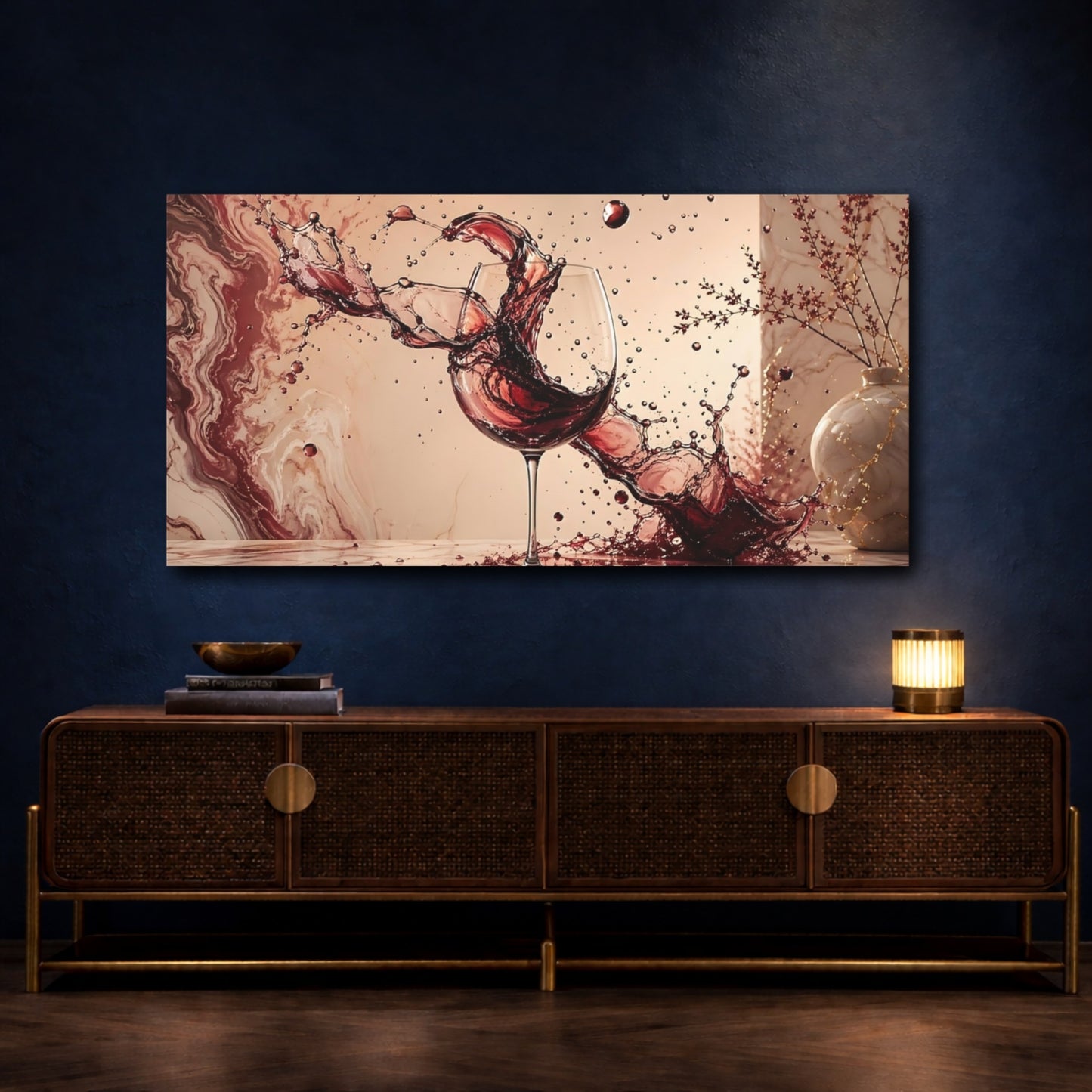Mockup 4. Abstract Wine Splash Red Wine Splash shown as stretched canvas wall art