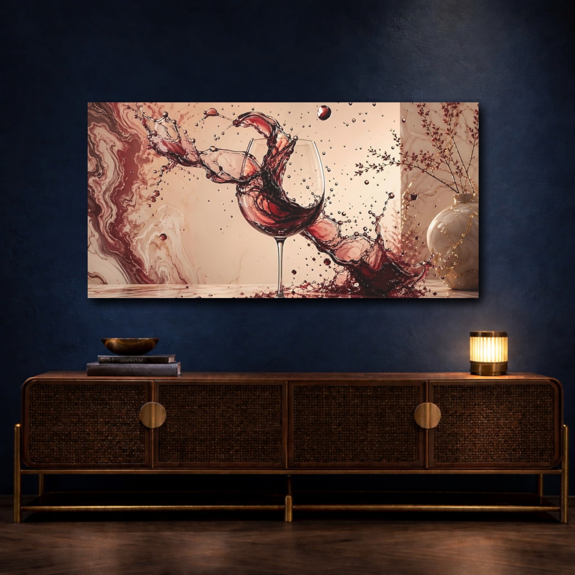 Mockup 4. Abstract Wine Splash Red Wine Splash shown as stretched canvas wall art