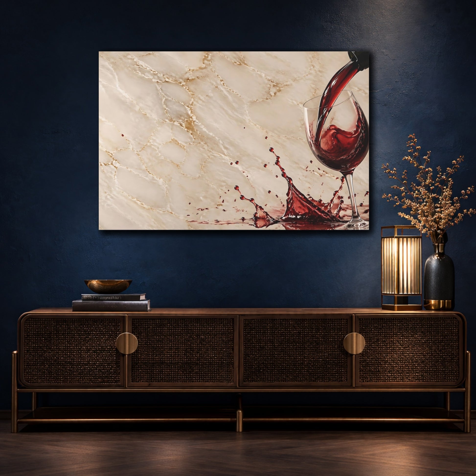 Mockup 4. Abstract Wine Splash Red Wine Splash shown as stretched canvas wall art