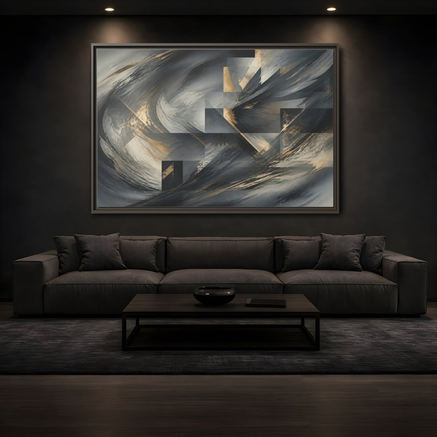 Abstract Wings Grey And Gold Framed Canvas Print – Living Room, Above Sofa - YesArtYes