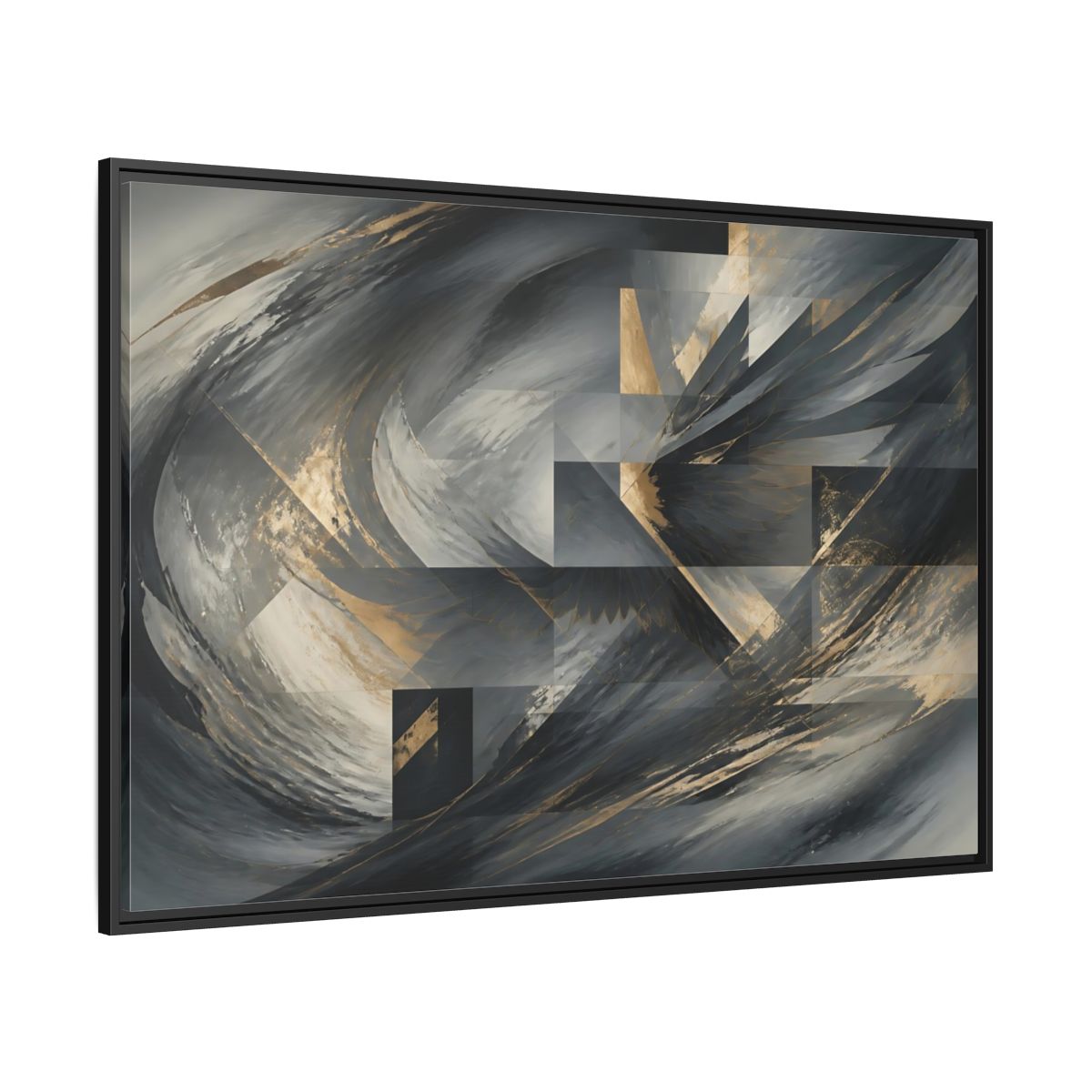 Side Mockup 12. Abstract Wings Grey And Gold shown as framed canvas print
