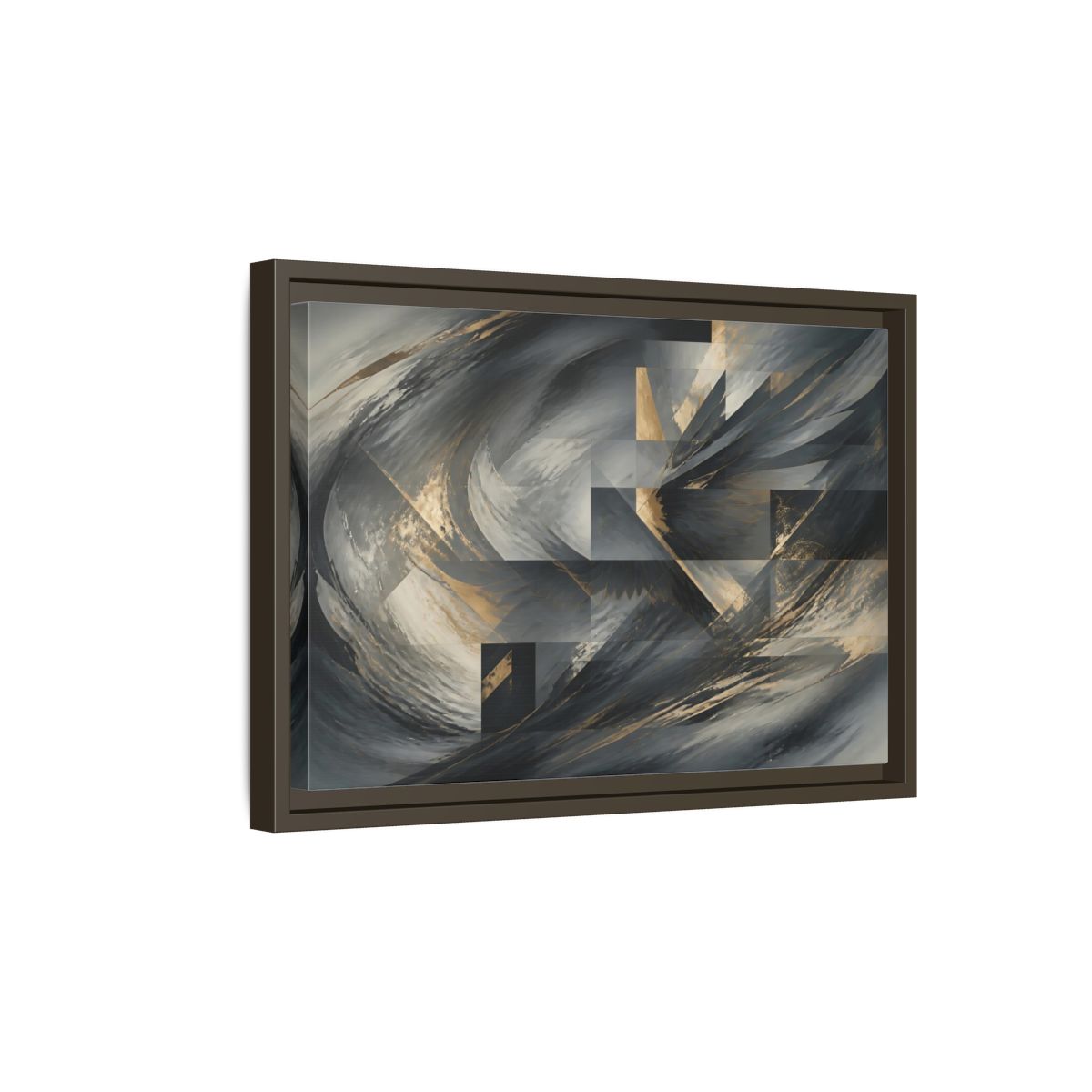 Side Mockup 5. Abstract Wings Grey And Gold shown as framed canvas print