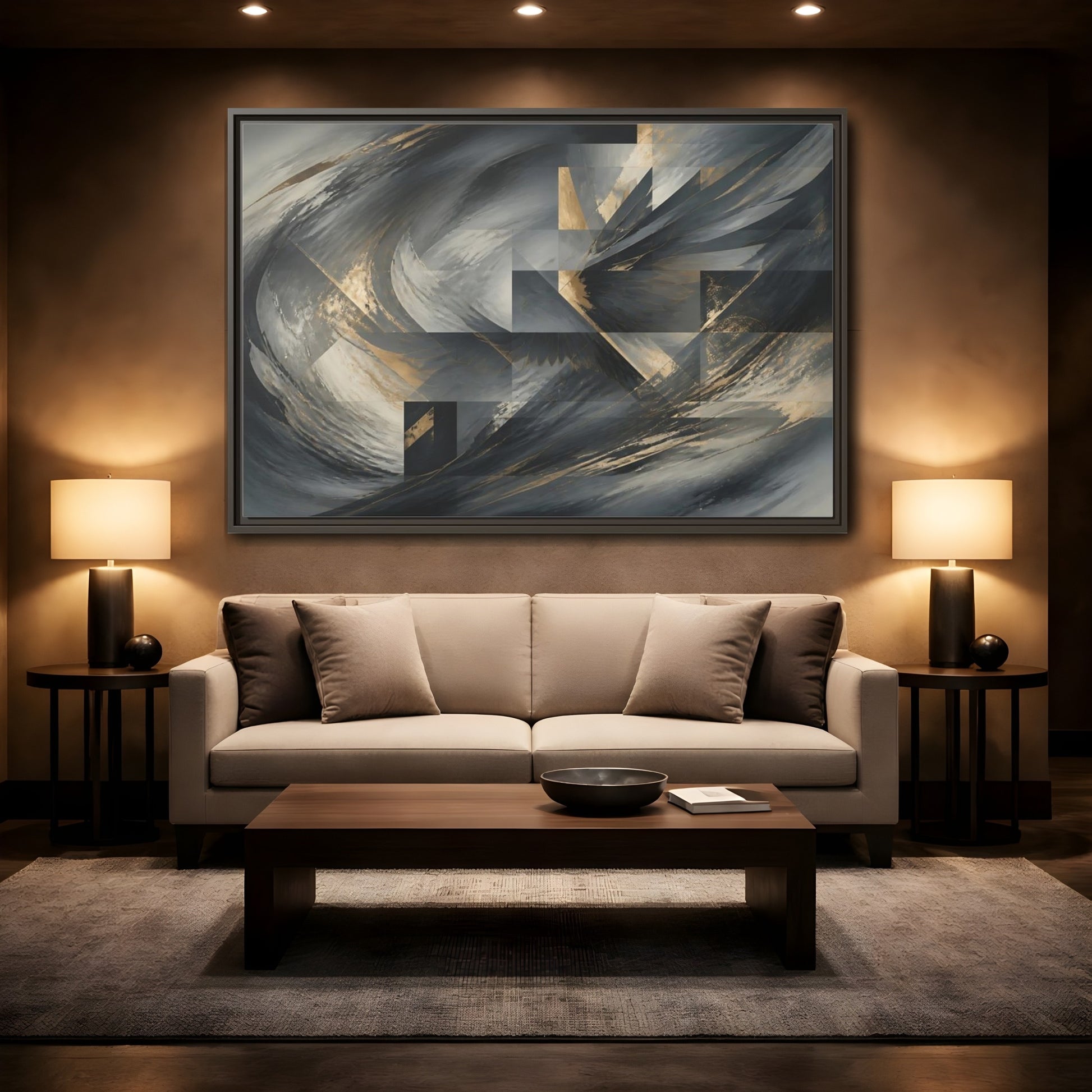 Mockup 2. Abstract Wings Grey And Gold shown as framed canvas print