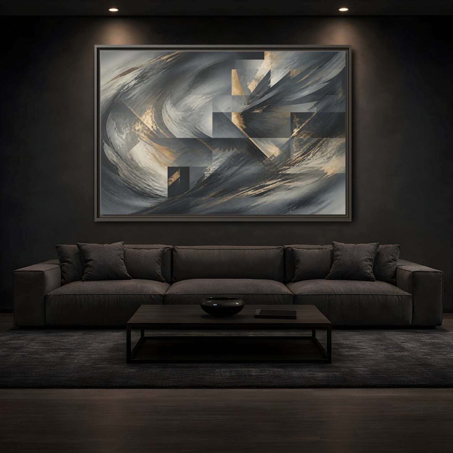 Mockup 3. Abstract Wings Grey And Gold shown as framed canvas print