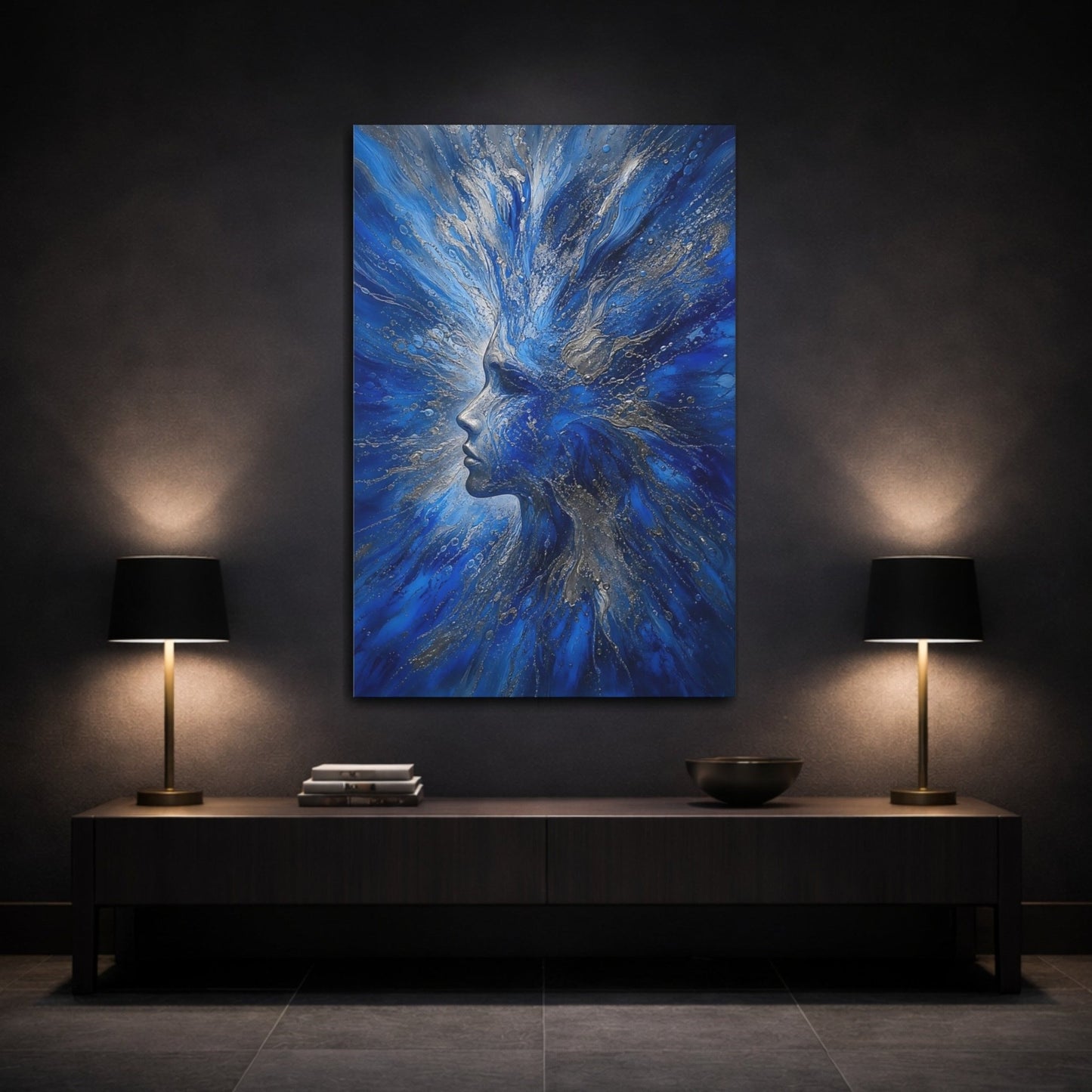 Abstract Woman Blue And Silver Canvas Wall Art Print – Living Room, Above Couch - YesArtYes