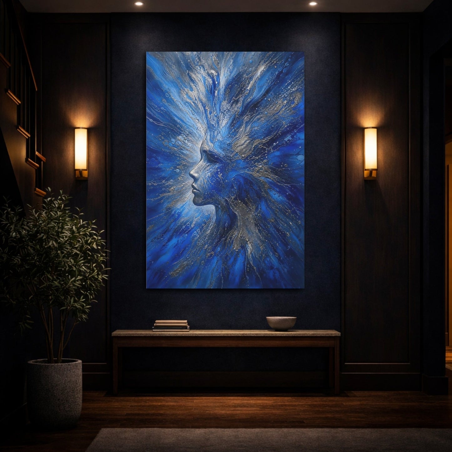 Abstract Woman Blue And Silver Canvas Wall Art Print – Living Room, Above Couch - YesArtYes