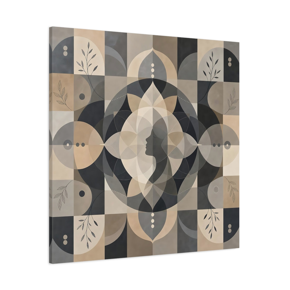Side Mockup 1. Abstract Woman Profile Earthy Tones shown as canvas print