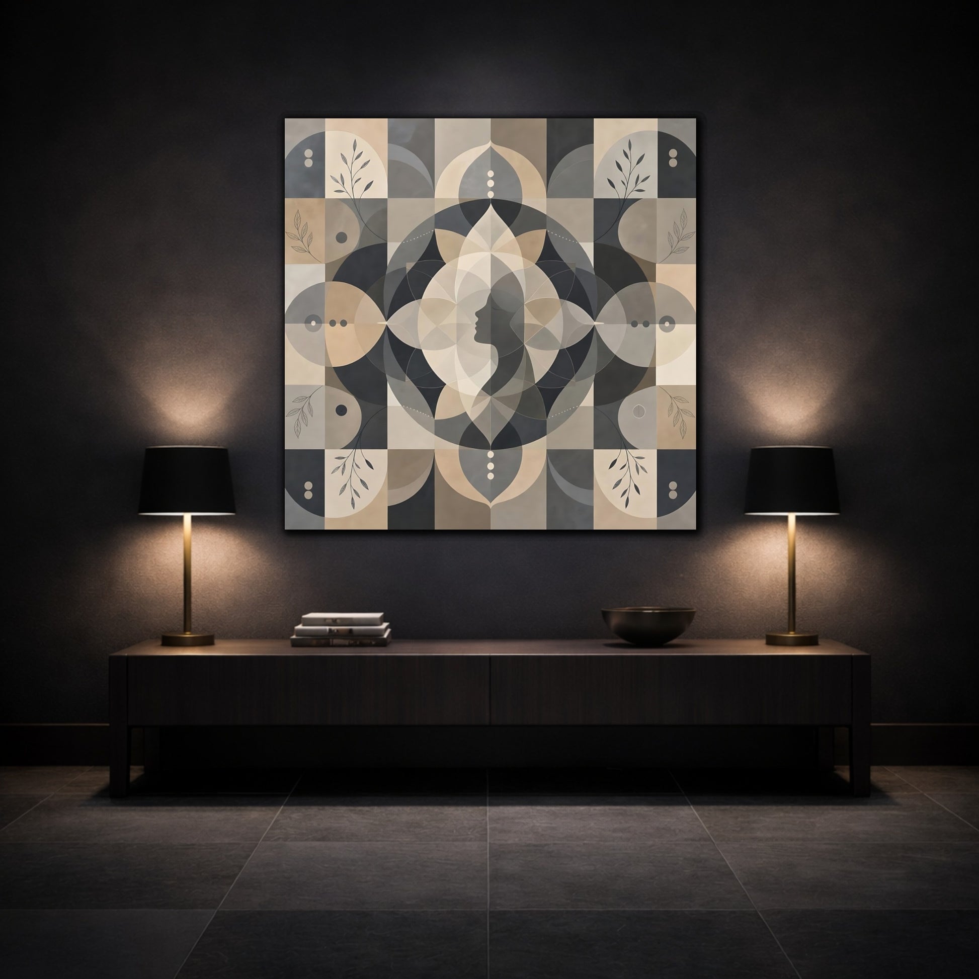 Mockup 3. Abstract Woman Profile Earthy Tones shown as canvas print