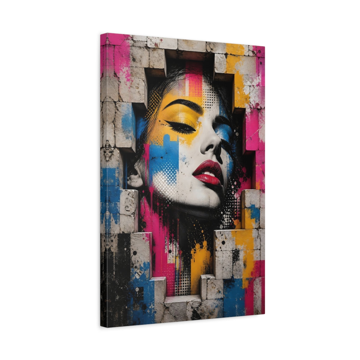 Side Mockup 3. Abstract Woman'S Face Colorful Abstract shown as stretched canvas wall art