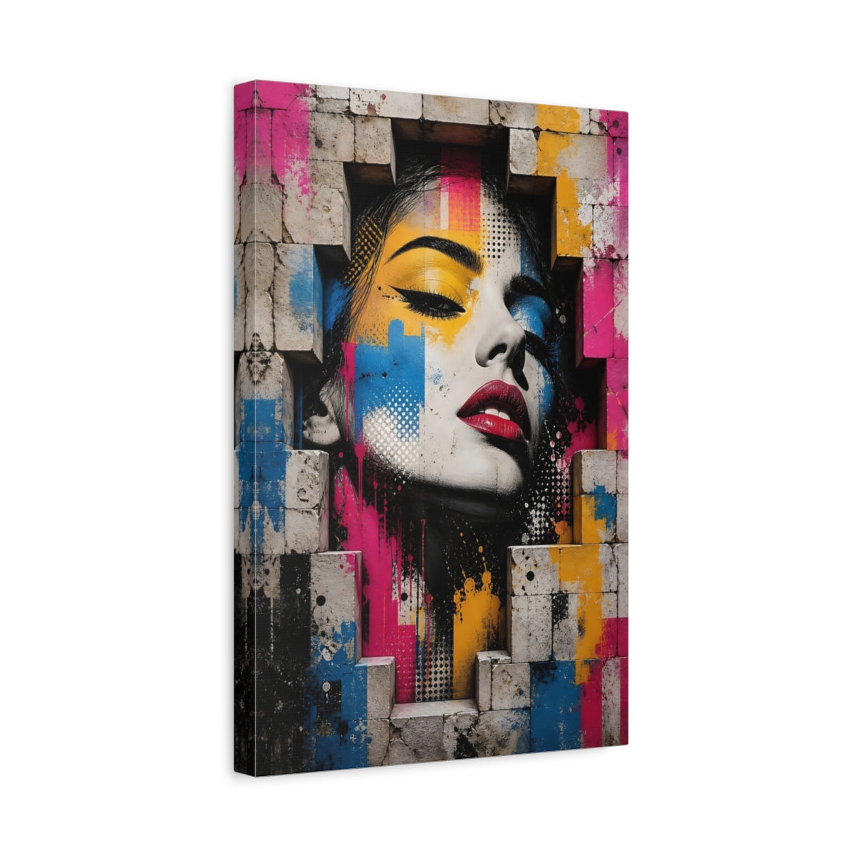 Side Mockup 4. Abstract Woman'S Face Colorful Abstract shown as stretched canvas wall art