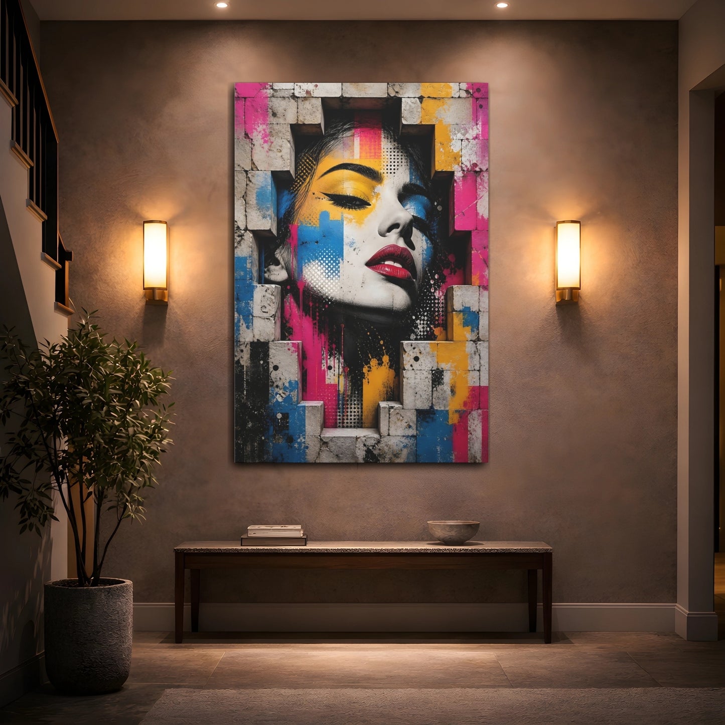 Mockup 2. Abstract Woman'S Face Colorful Abstract shown as stretched canvas wall art
