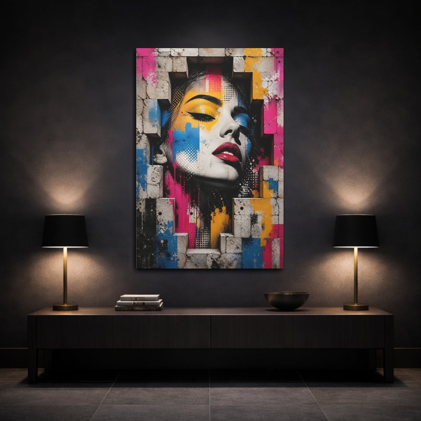Mockup 3. Abstract Woman'S Face Colorful Abstract shown as stretched canvas wall art