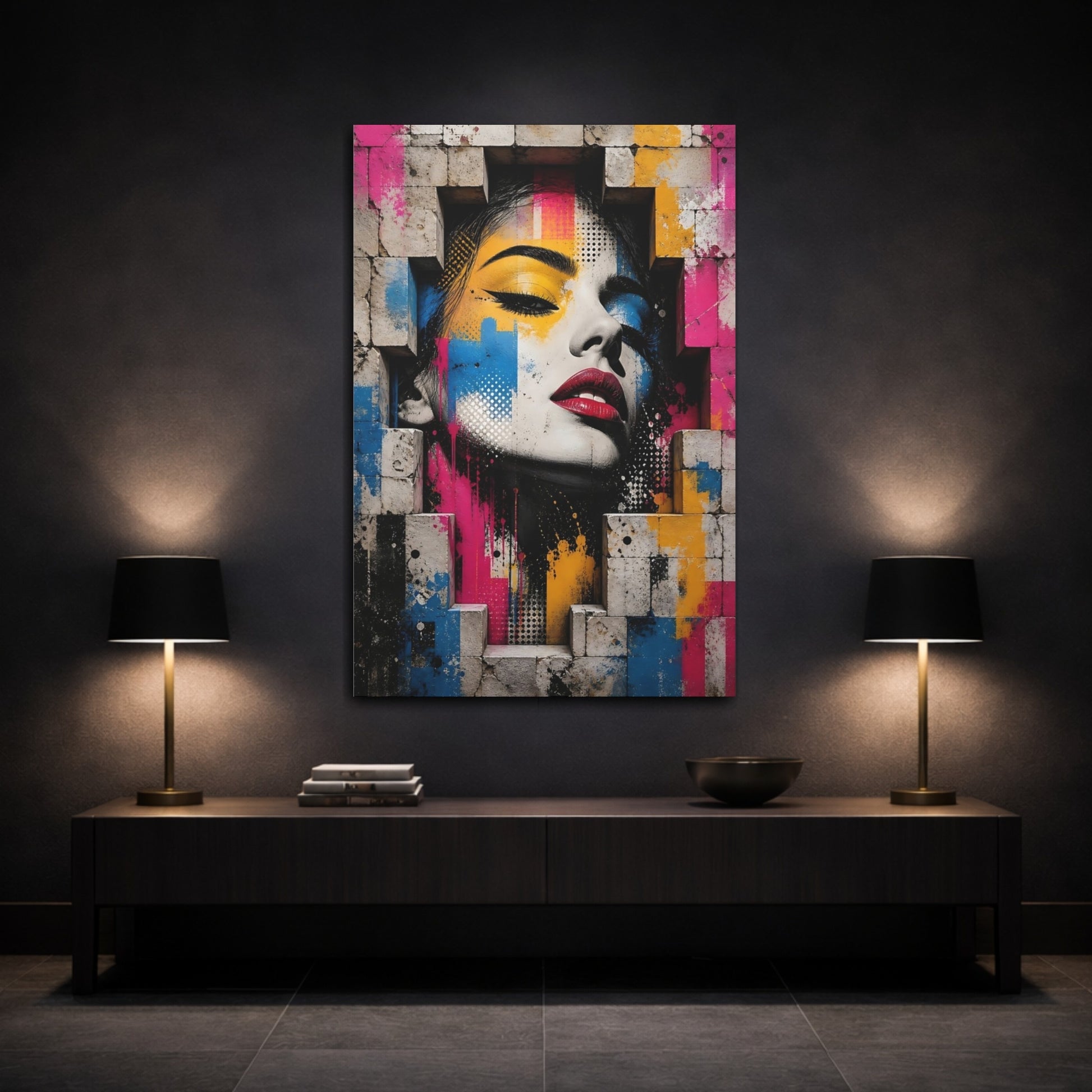 Mockup 3. Abstract Woman'S Face Colorful Abstract shown as stretched canvas wall art