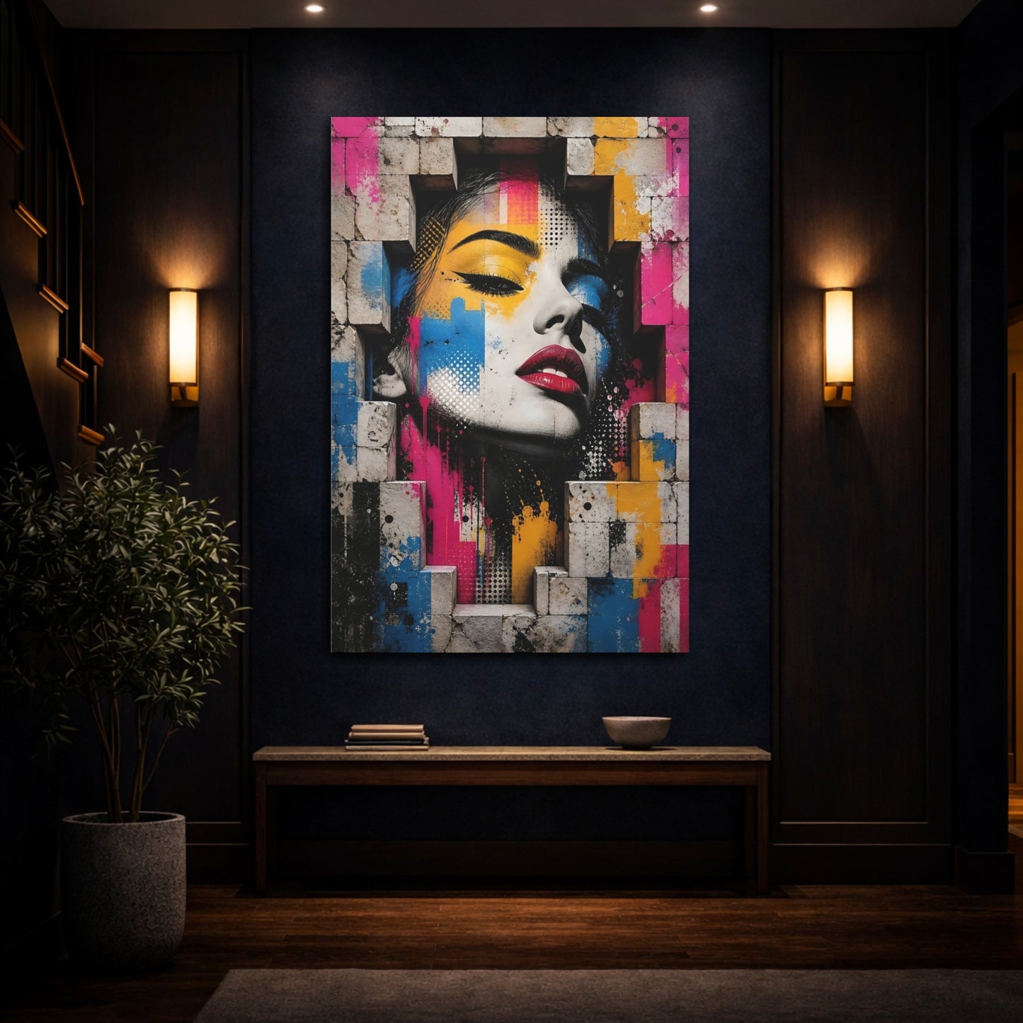 Mockup 4. Abstract Woman'S Face Colorful Abstract shown as stretched canvas wall art
