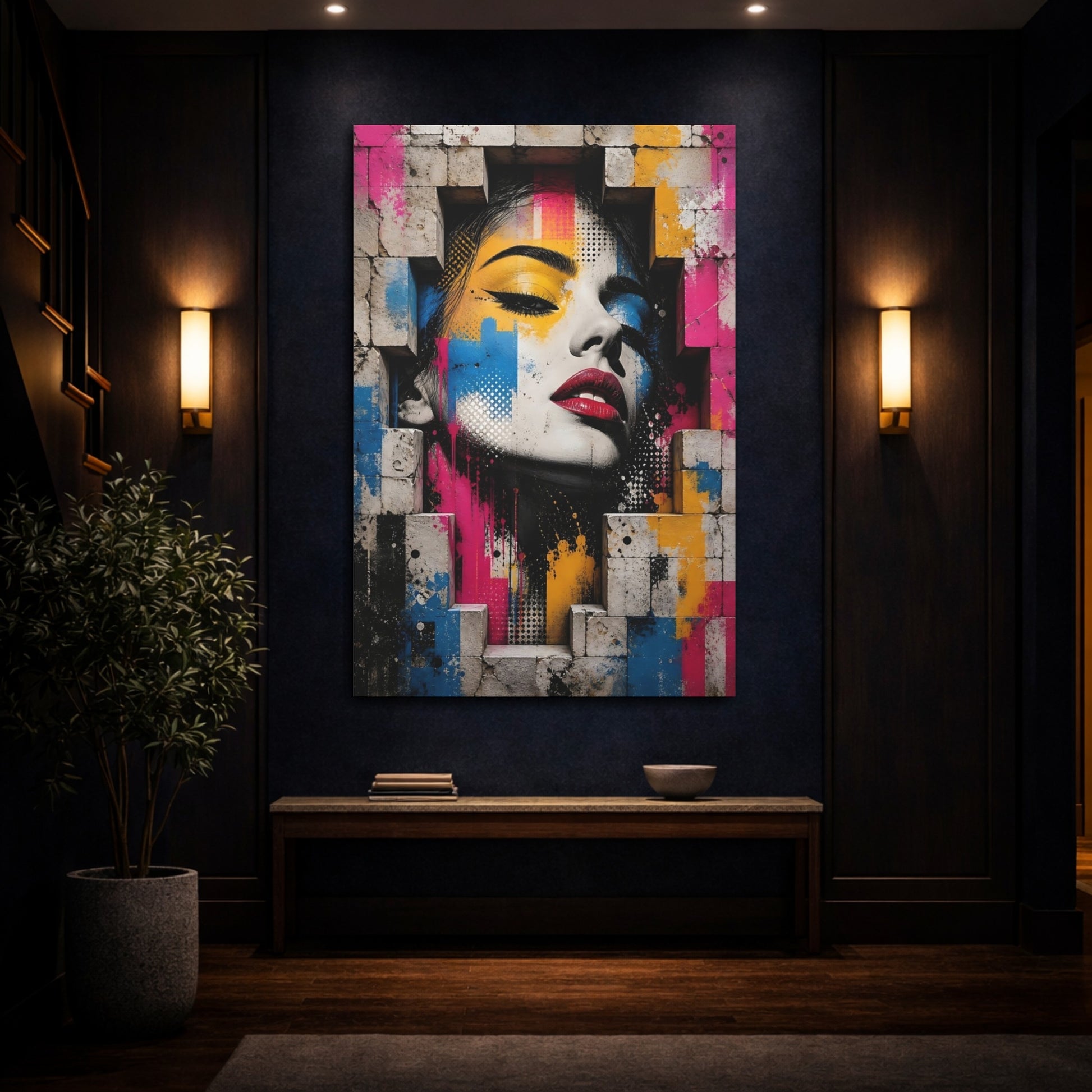 Mockup 4. Abstract Woman'S Face Colorful Abstract shown as stretched canvas wall art