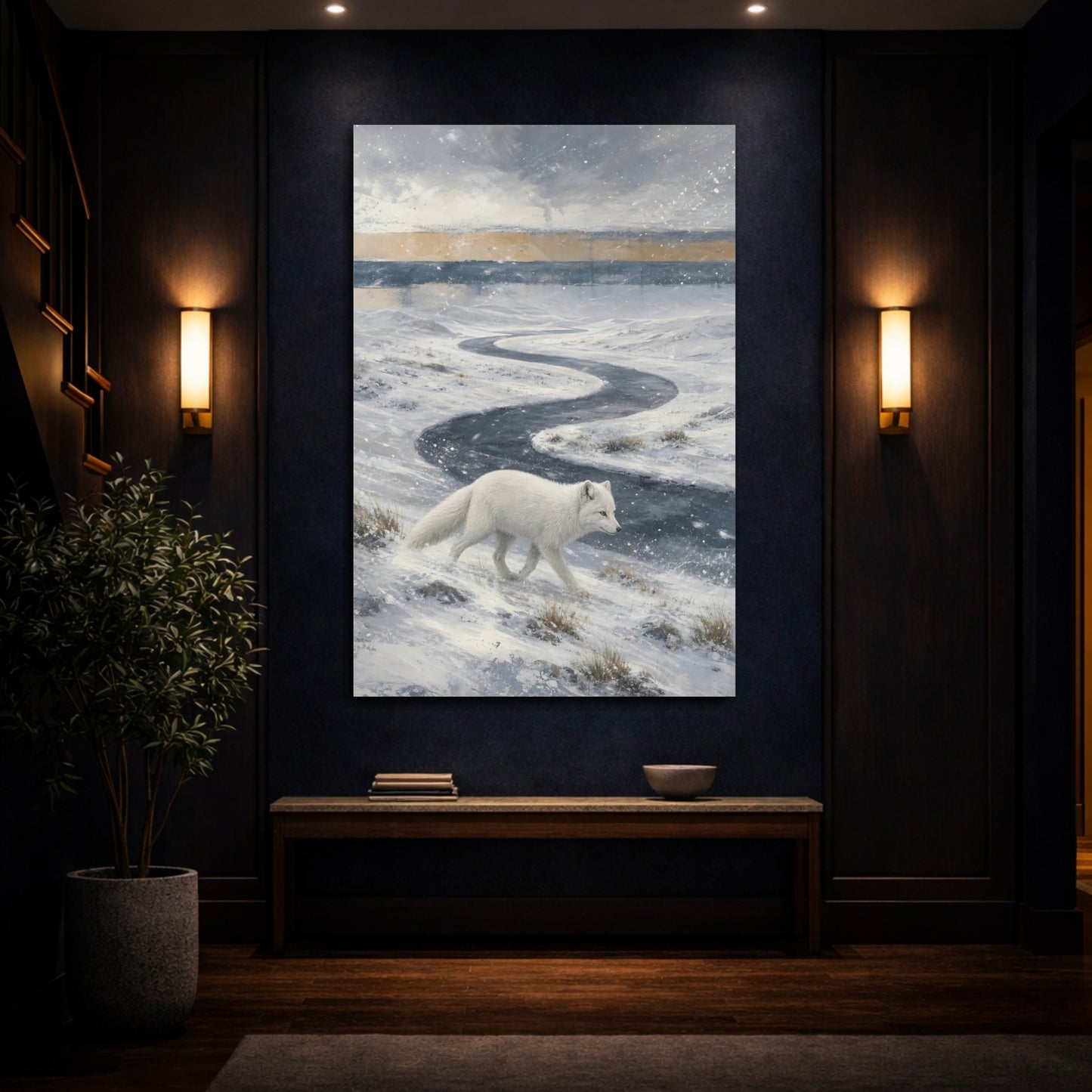 Mockup 4. Abstracted Horizon Bands With Aged Pigment Arctic Fox In Blowing Snow shown as stretched canvas wall art