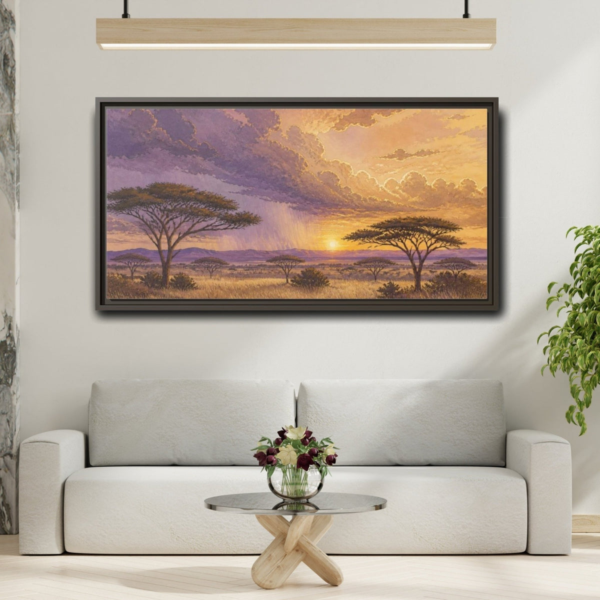 Acacia Nature Sunset Framed Canvas Print – Living Room, Above Couch, Lavender-Gold - YesArtYes