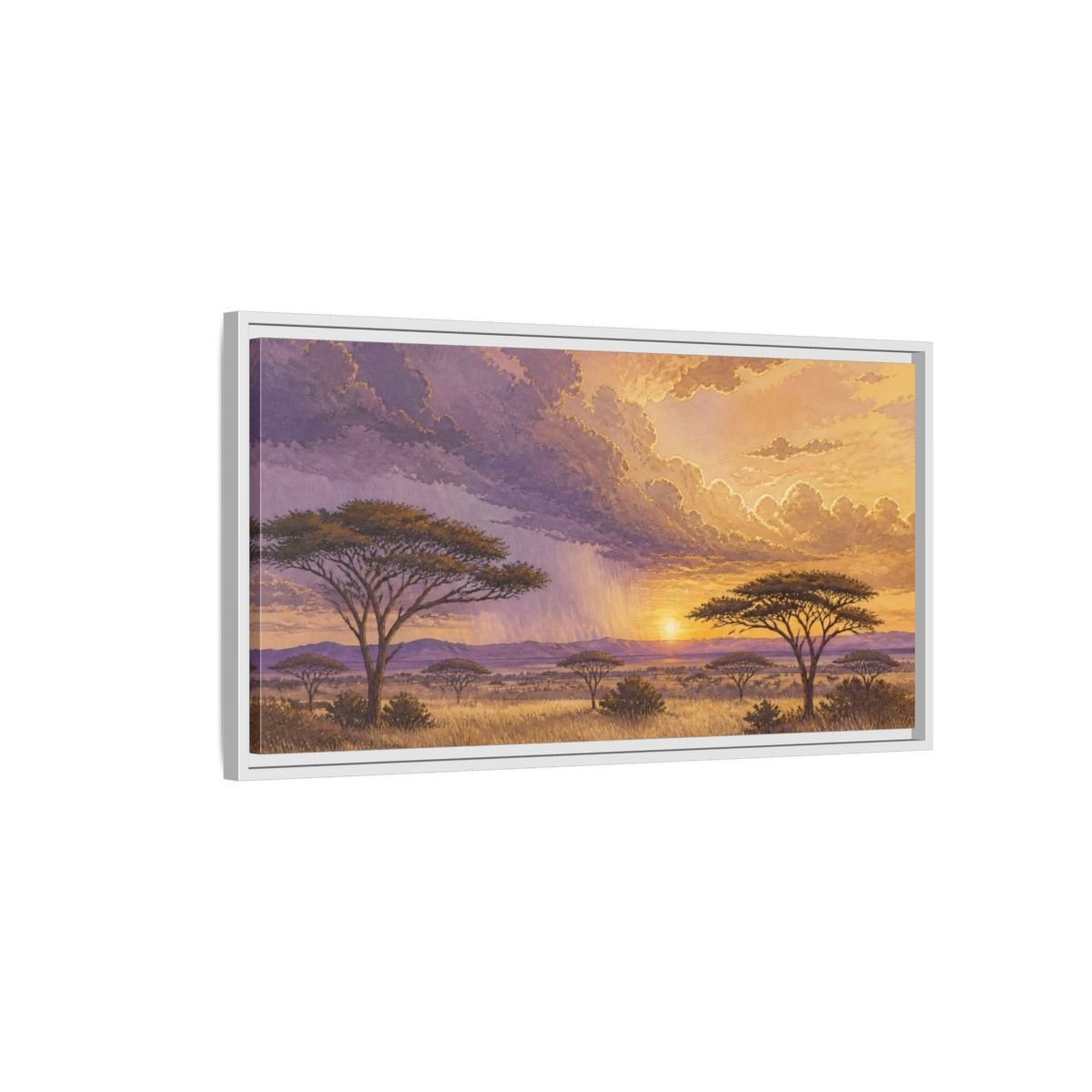 Acacia Nature Sunset Framed Canvas Print – Living Room, Above Couch, Lavender-Gold - YesArtYes