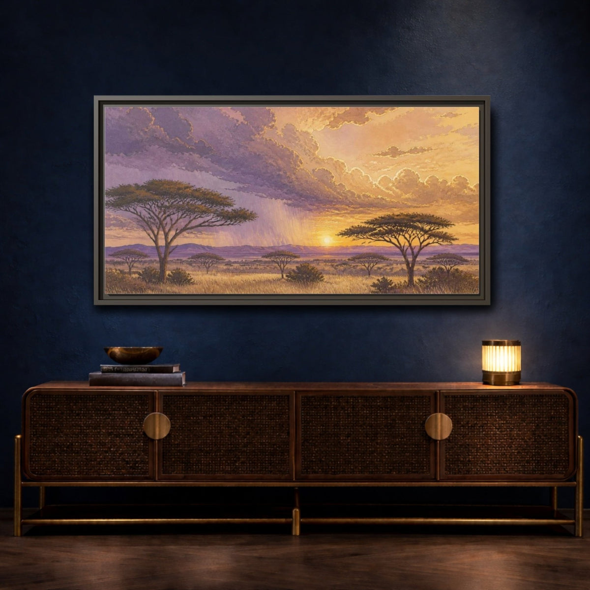 Acacia Nature Sunset Framed Canvas Print – Living Room, Above Couch, Lavender-Gold - YesArtYes