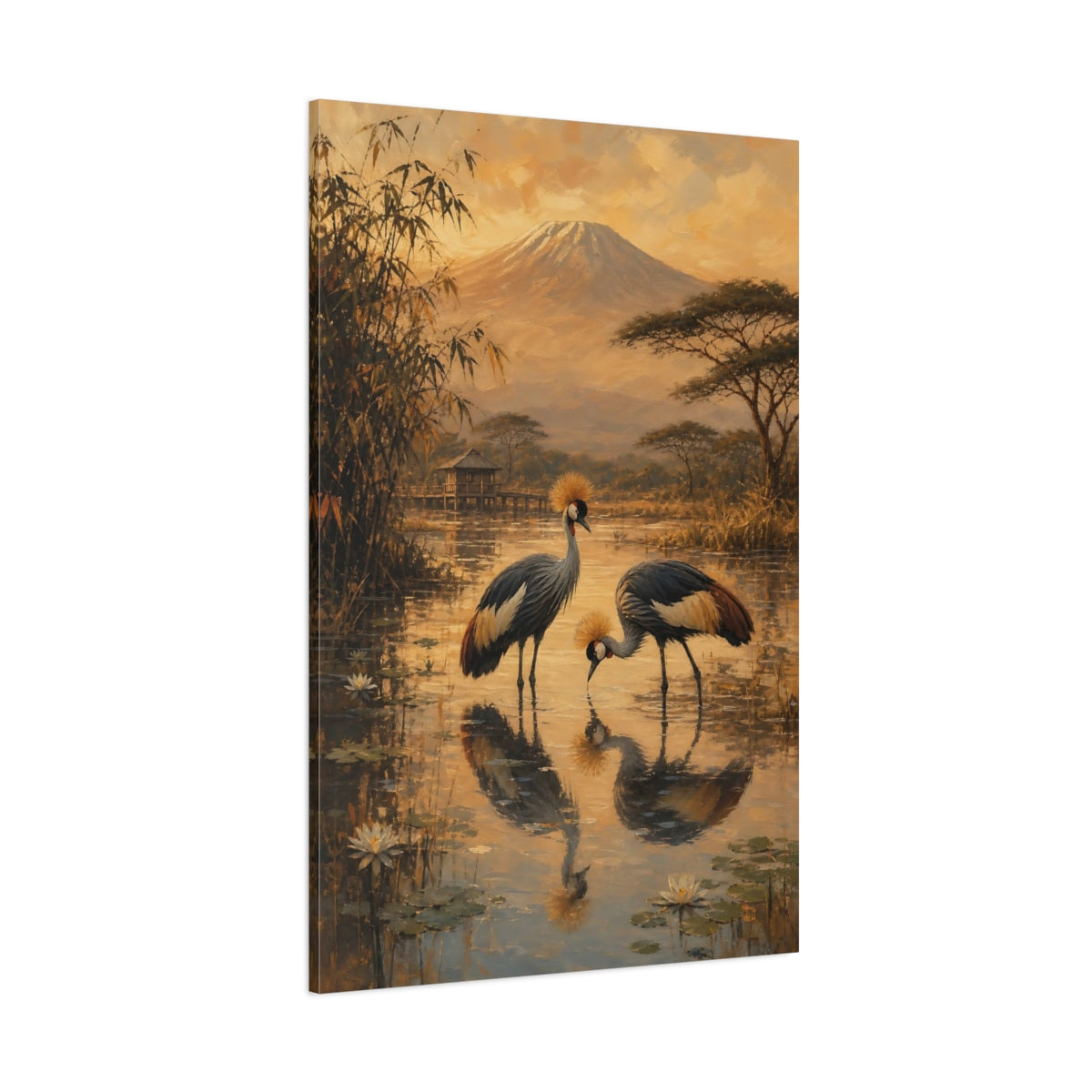 Side Mockup 1. African Safari Oil Sketch With Warm Dust Cranes In Quiet Japanese Wetland shown as stretched canvas wall art