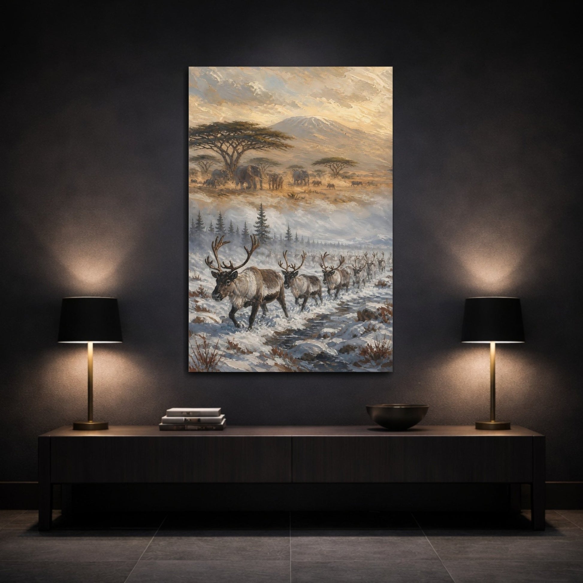 African Safari Oil Sketch With Warm Canvas Print – Living Room, Above Couch, Gold - YesArtYes