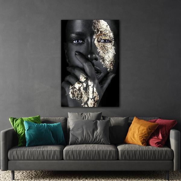 African Woman Face Gold Black Canvas Print - Makeup Wall Art - YesArtYes
