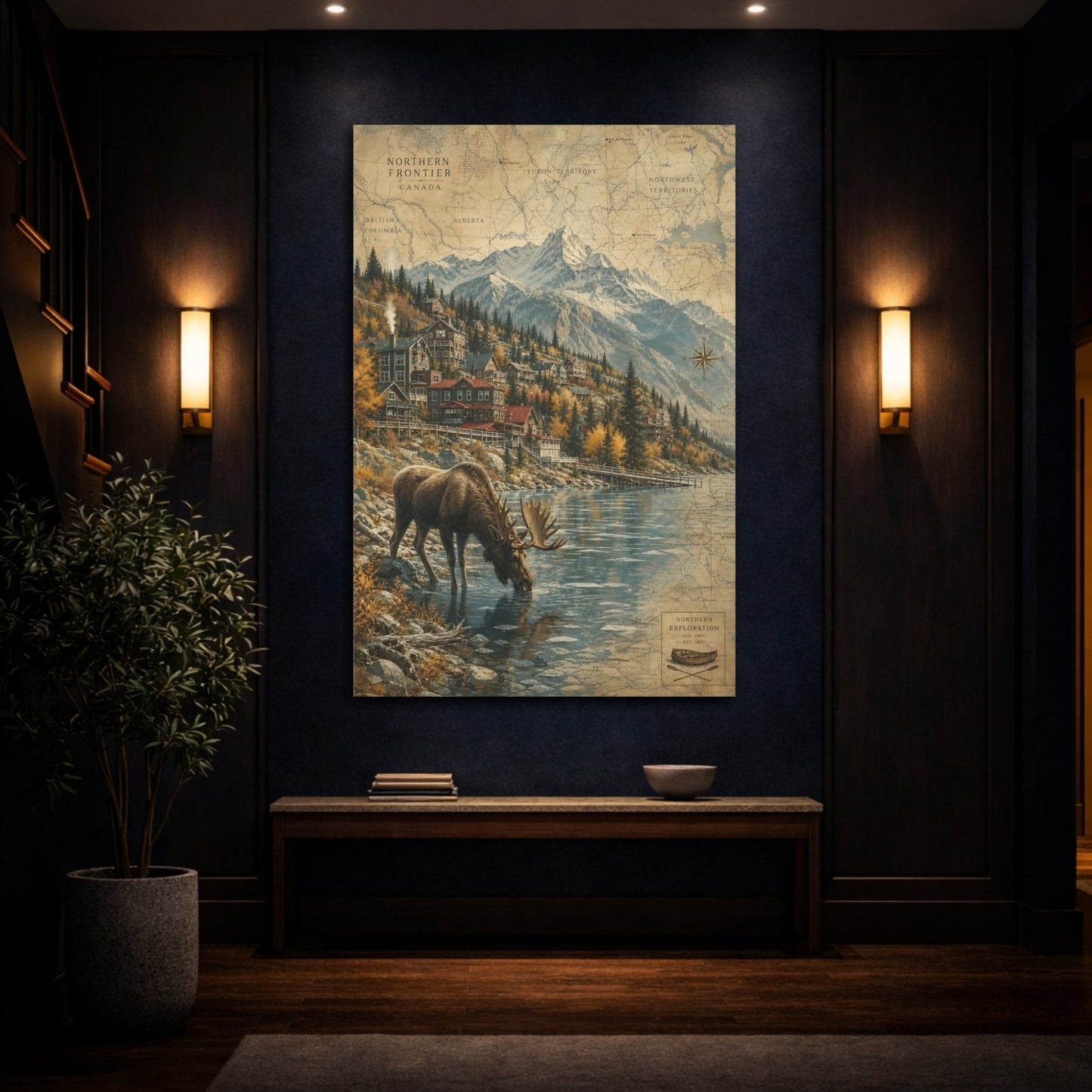 Aged Map - Inspired Scenery Texture Moose Drinking Canvas Print – Living Room, Above Console Table - YesArtYes