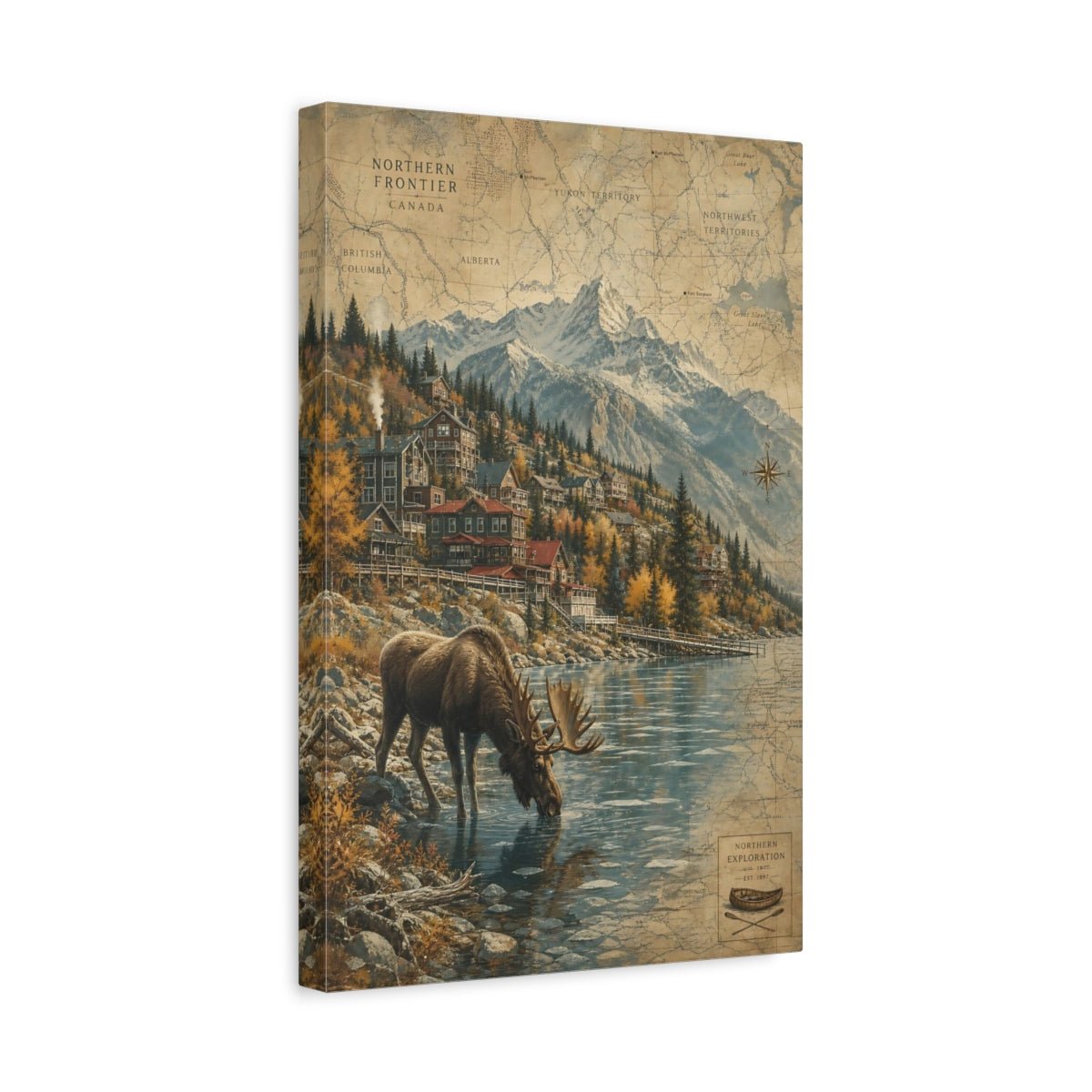 Aged Map - Inspired Scenery Texture Moose Drinking Canvas Print – Living Room, Above Console Table - YesArtYes