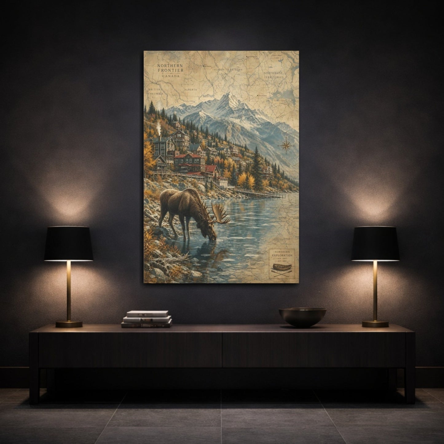 Aged Map - Inspired Scenery Texture Moose Drinking Canvas Print – Living Room, Above Console Table - YesArtYes
