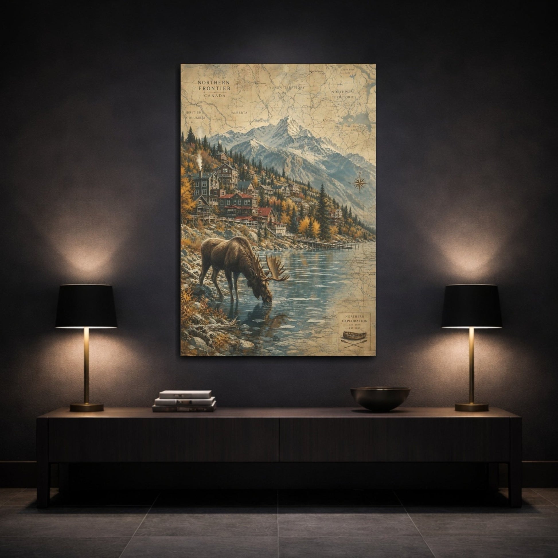 Aged Map - Inspired Scenery Texture Moose Drinking Canvas Print – Living Room, Above Console Table - YesArtYes