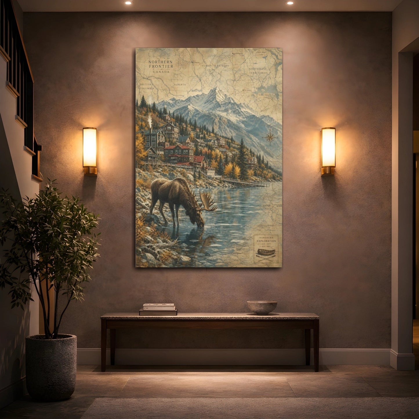 Aged Map - Inspired Scenery Texture Moose Drinking Canvas Print – Living Room, Above Console Table - YesArtYes
