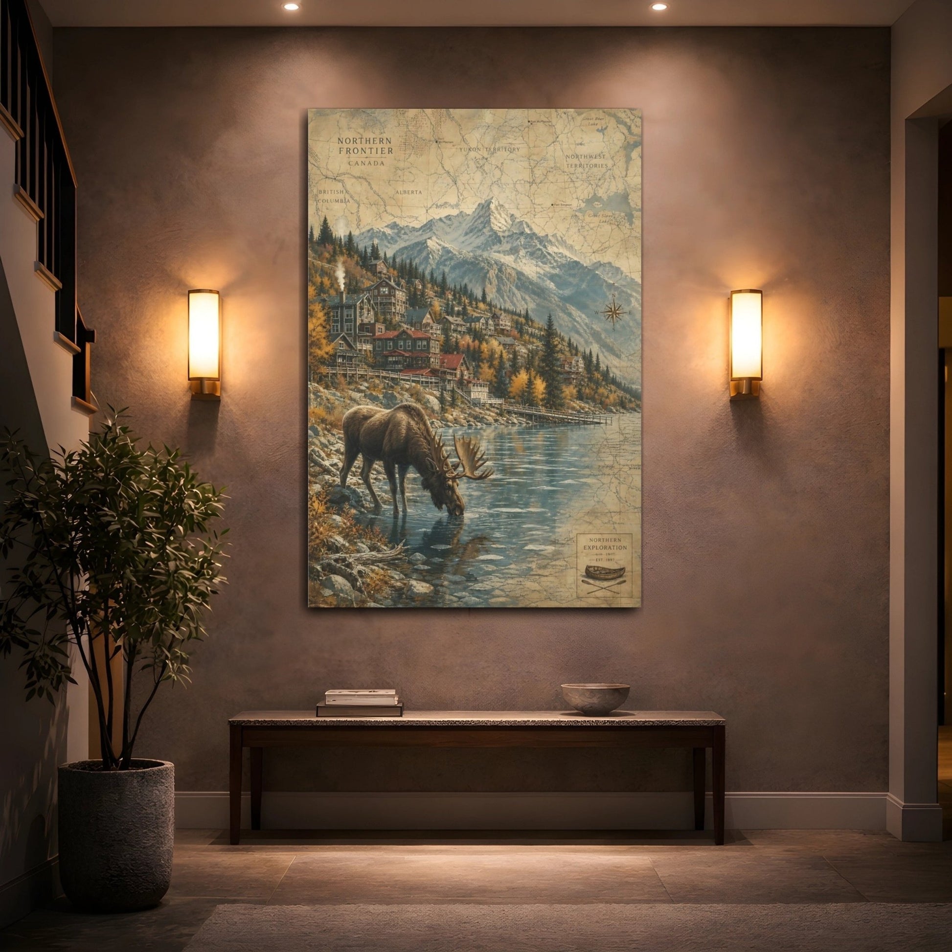 Aged Map - Inspired Scenery Texture Moose Drinking Canvas Print – Living Room, Above Console Table - YesArtYes