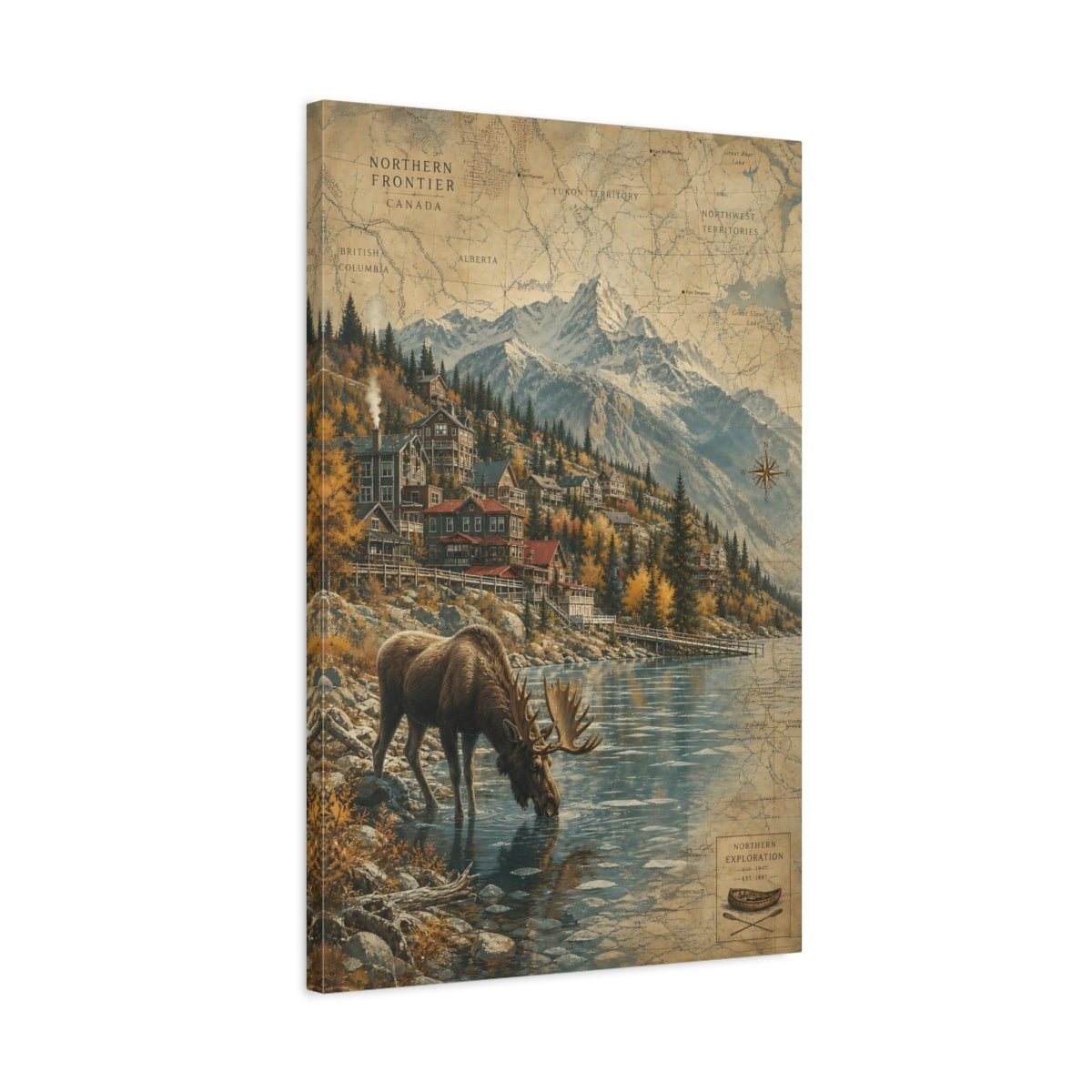 Aged Map - Inspired Scenery Texture Moose Drinking Canvas Print – Living Room, Above Console Table - YesArtYes