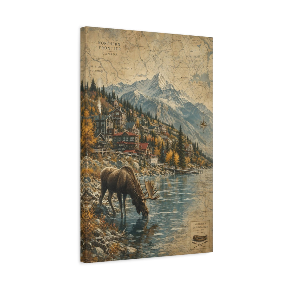 Side Mockup 3. Aged Map-Inspired Scenery Texture Moose Drinking Beside Icy Lake shown as stretched canvas wall art