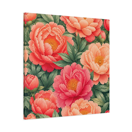 Main Mockup. Aged Vintage Print Coral Peonies With Green Leaves shown as stretched canvas wall art