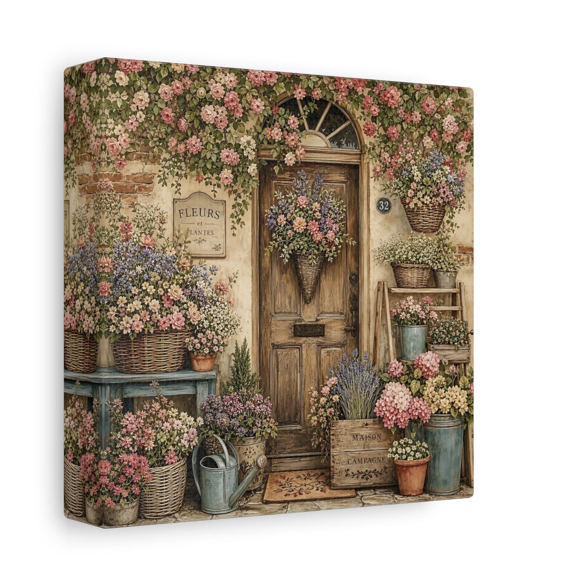 Side Mockup 2. Aged Vintage Print Cottage Entryway With Flower Baskets shown as stretched canvas wall art