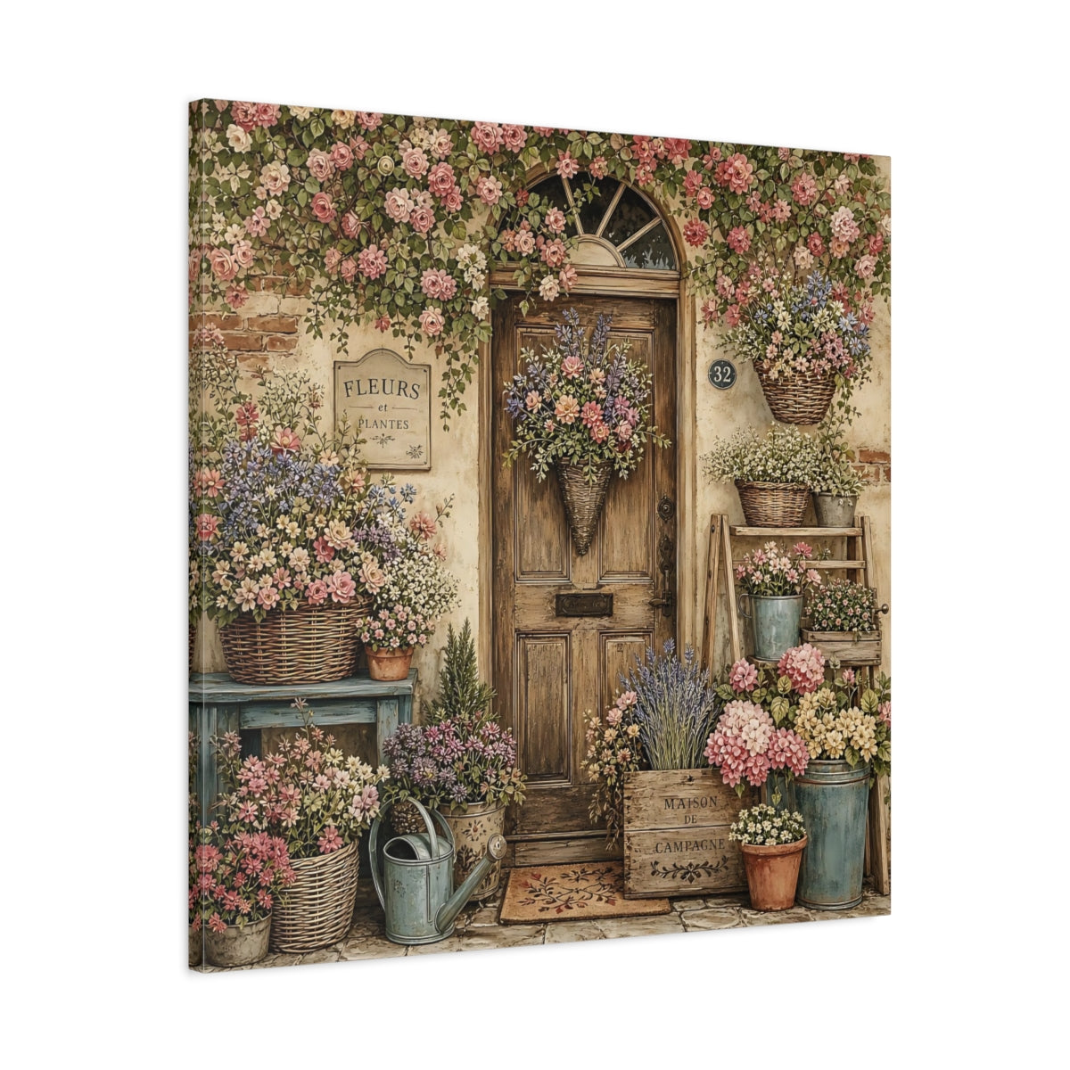 Side Mockup 3. Aged Vintage Print Cottage Entryway With Flower Baskets shown as stretched canvas wall art