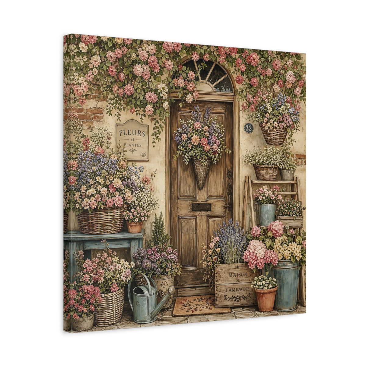 Side Mockup 5. Aged Vintage Print Cottage Entryway With Flower Baskets shown as stretched canvas wall art