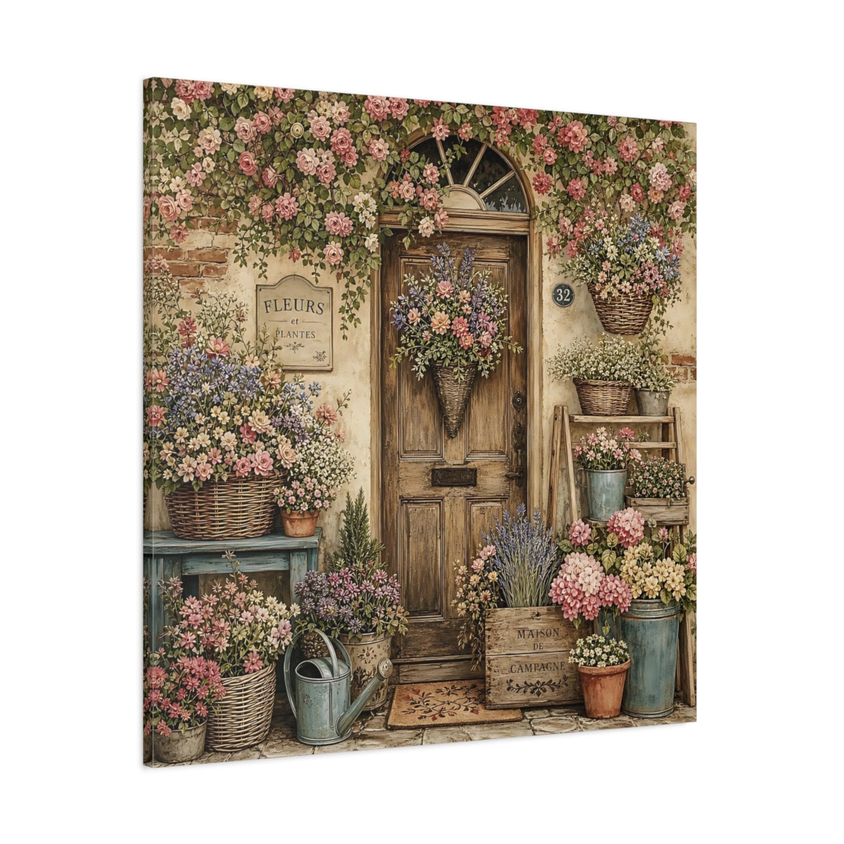 Side Mockup 1. Aged Vintage Print Cottage Entryway With Flower Baskets shown as stretched canvas wall art