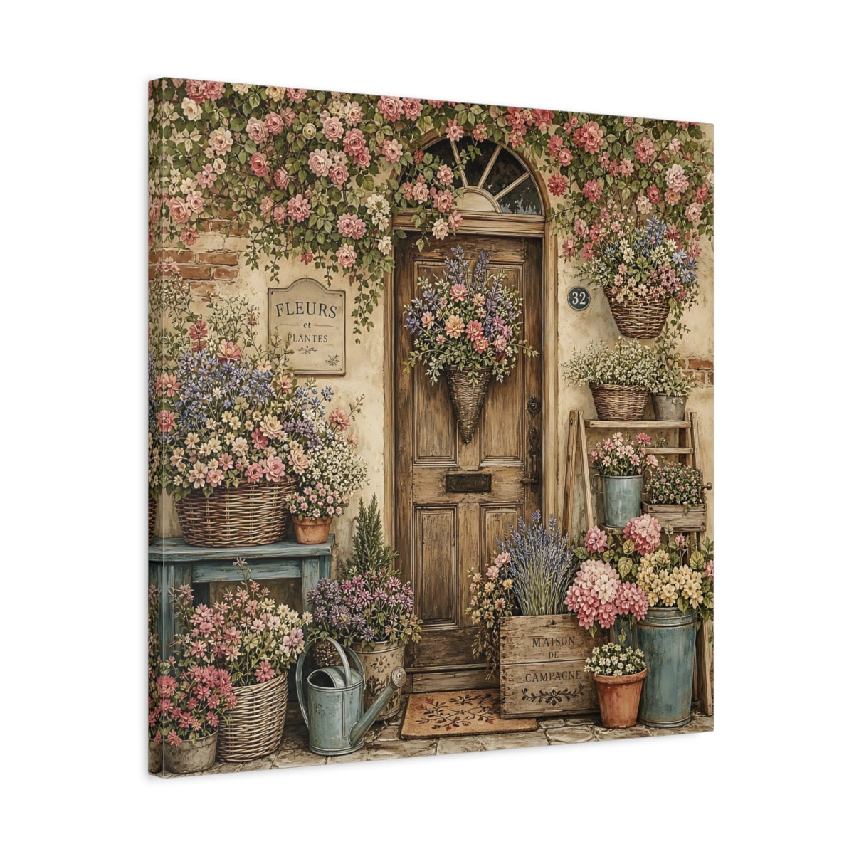 Side Mockup 4. Aged Vintage Print Cottage Entryway With Flower Baskets shown as stretched canvas wall art