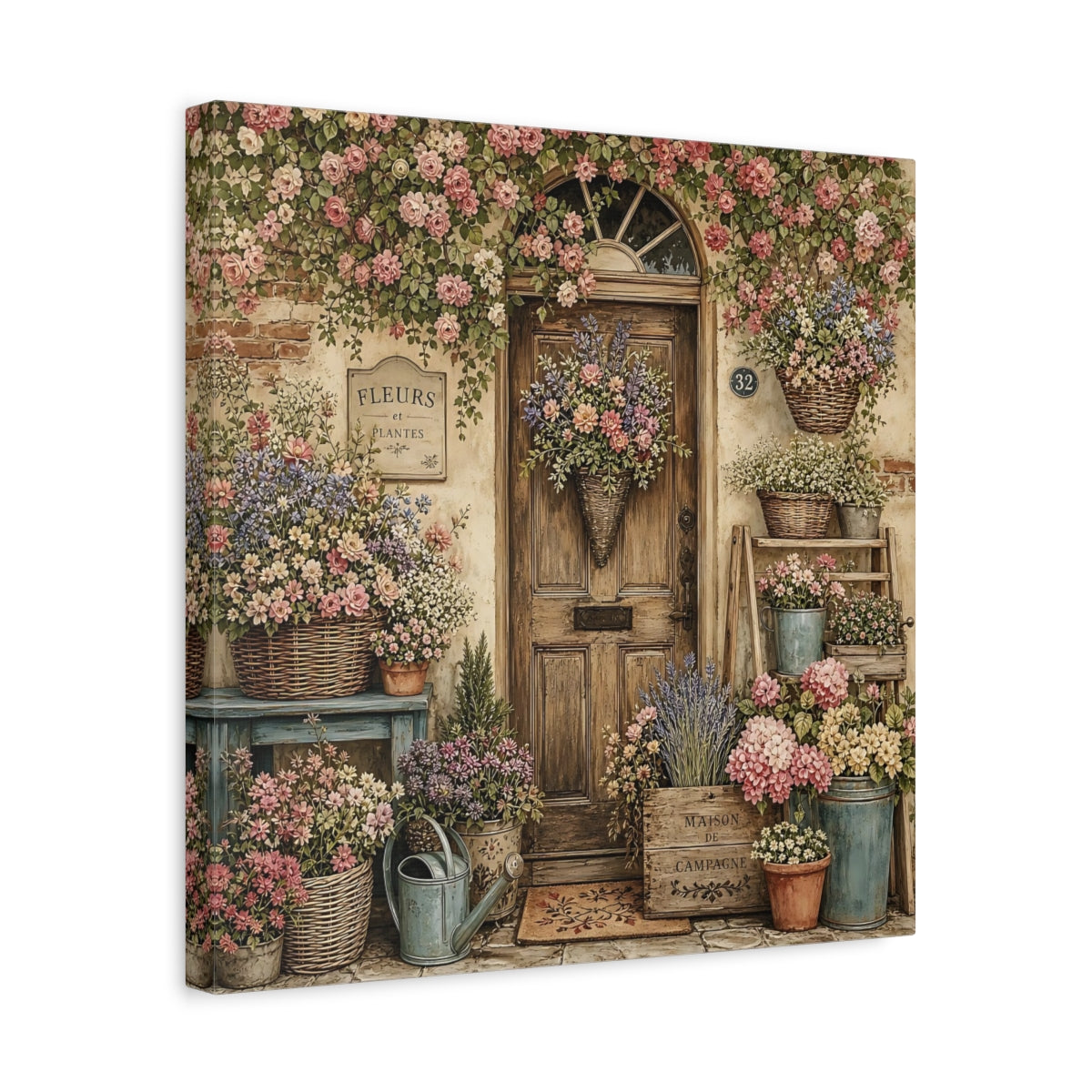 Side Mockup 6. Aged Vintage Print Cottage Entryway With Flower Baskets shown as stretched canvas wall art