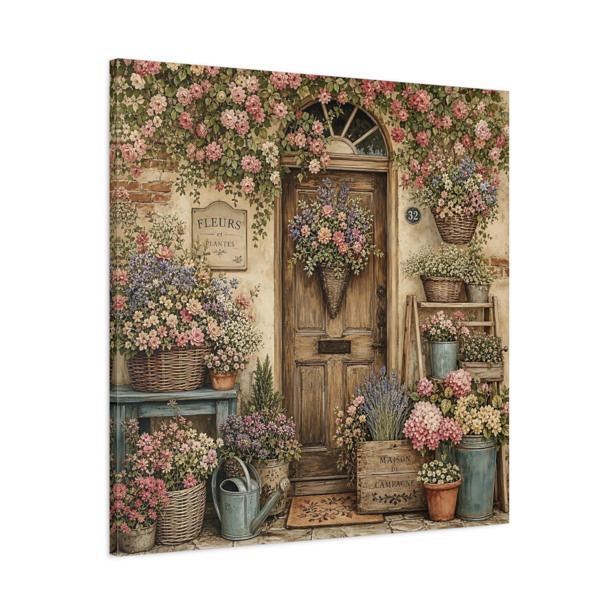 Main Mockup. Aged Vintage Print Cottage Entryway With Flower Baskets shown as stretched canvas wall art