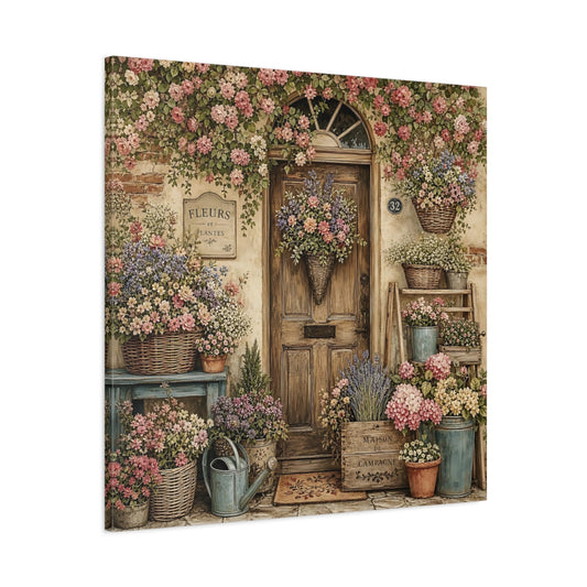 Main Mockup. Aged Vintage Print Cottage Entryway With Flower Baskets shown as stretched canvas wall art