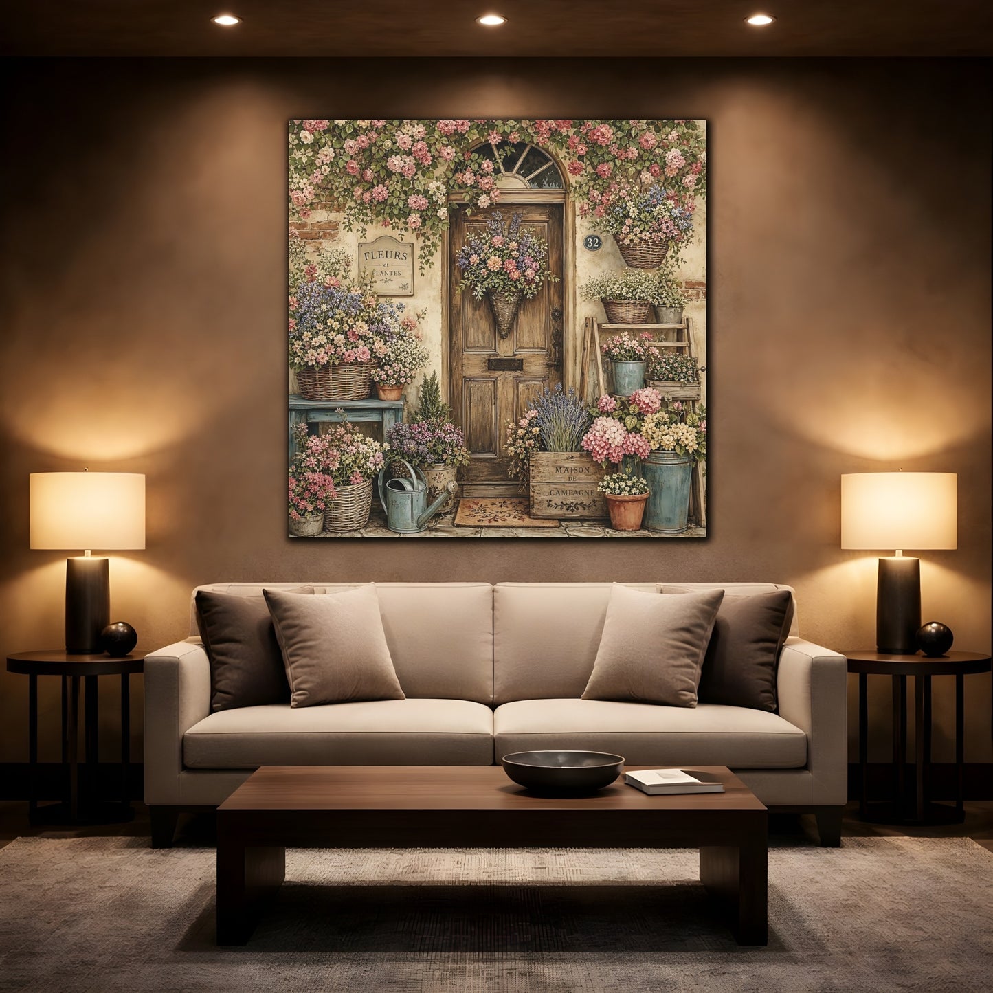 Mockup 2. Aged Vintage Print Cottage Entryway With Flower Baskets shown as stretched canvas wall art